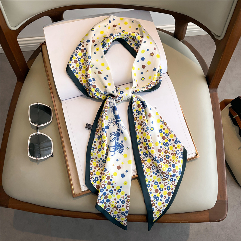 Ascot Neck Scarf - Fashion Print Long Silk Scarf For