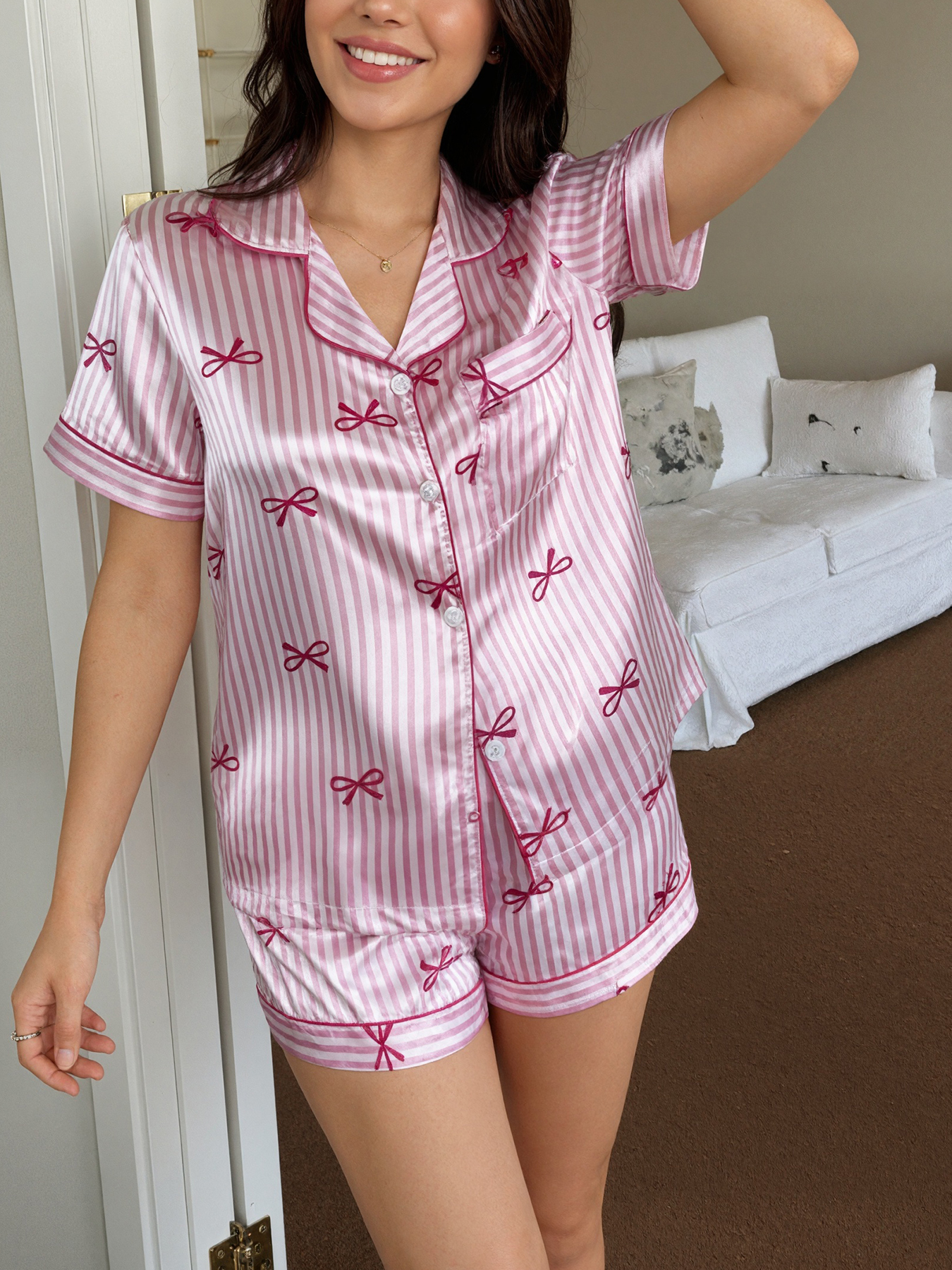 Women Pajamas Set Bow Tie Stri - Silk Tie Striped recension och pris